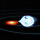 A NASA illustration of one white dwarf in a binary system, bleeding off mass to its partner.